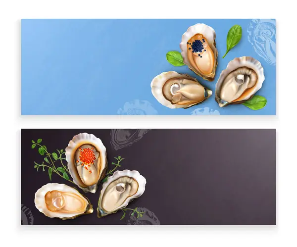 Set Two Horizontal Banners Realistic Images Seafood Shells Greens Black — Stock Vector