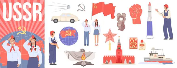 Ussr Platte Samenstelling Set Met Geïsoleerde Sovjet Unie Symbolen Witte — Stockvector