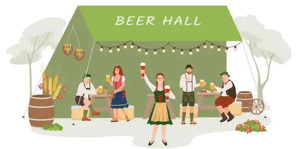 Oktoberfest Γιορτή Μπύρας Επίπεδη Φόντο Τους Ανθρώπους Παραδοσιακές Βαβαρικές Κοστούμια — Διανυσματικό Αρχείο