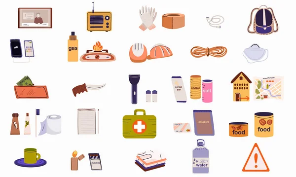 Katastrophenschutz Flachset Mit Isolierten Symbolen Medizinischer Hilfsgüter Mit Haushalts Und — Stockvektor