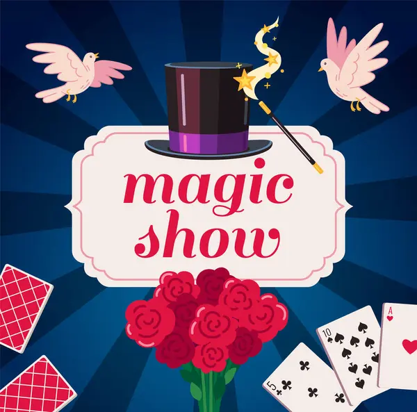 Magic Show Cartoon Poster Magician Accessories Vector Illustration — Stock Vector
