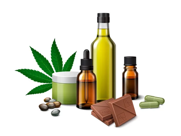 Marihuana Medicinal Realista Conjunto Con Aceite Cbd Conectar Productos Vector — Archivo Imágenes Vectoriales