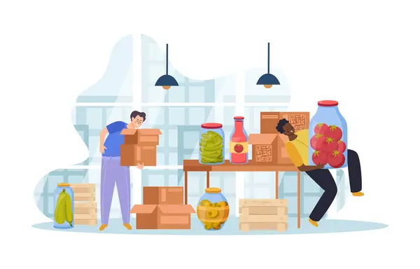 Composición Plana Alimentos Enlatados Con Personas Ilustración Vectores Almacén Comestibles — Vector de stock