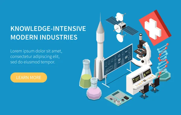 Kennis Intensieve Moderne Industrie Isometrische Banner Met Apparatuur Voor Onderzoek — Stockvector