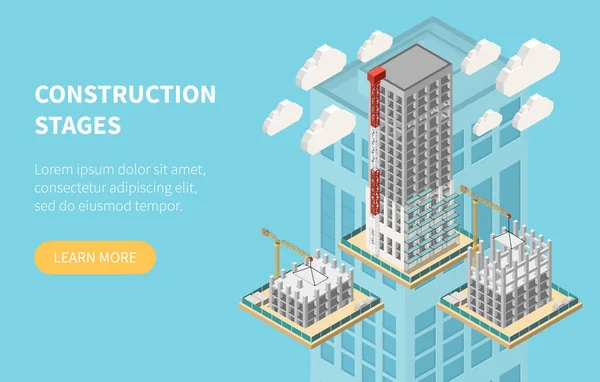 Isometric Horizontal Website Banner Skyscraper Construction Stages Learn More Button — Stock Vector