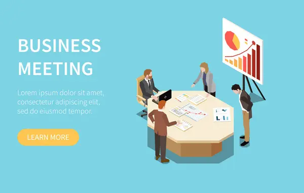 Business Meeting Isometric Website Banner Learn More Button People Brainstorming — Stock Vector