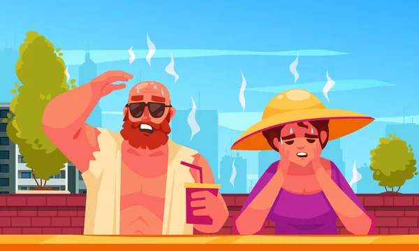 Hitze Cartoon Hintergrund Mit Leidenden Paar Freien Mit Heißem Sonnenlicht — Stockvektor