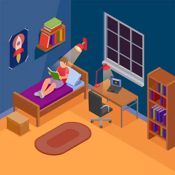 Çocuklar Öğrenme Izometrik Konsept Çocuk Odasında Yatağında Oturmuş Kitap Vektörü — Stok Vektör