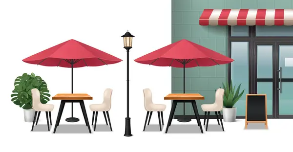 Cafe Udendørs Realistisk Sammensætning Med Restaurant Møbler Vektor Illustration – Stock-vektor