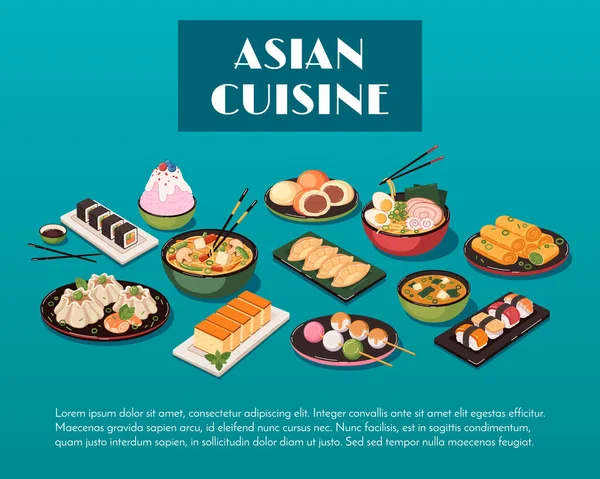 Asiatisk Mat Tecknad Sammansättning Med Kinesisk Mat Måltider Vektor Illustration — Stock vektor