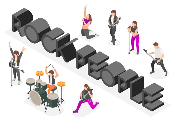 Komposisi Musik Rock Isometrik Dengan Anggota Band Musisi Vektor Ilustrasi - Stok Vektor