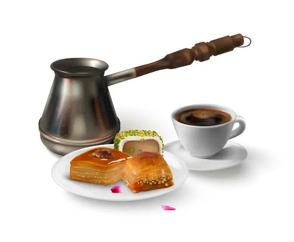 Realistic Turkish Delight Composition Baklava Coffee Cup Vector Illustration — Stock Vector