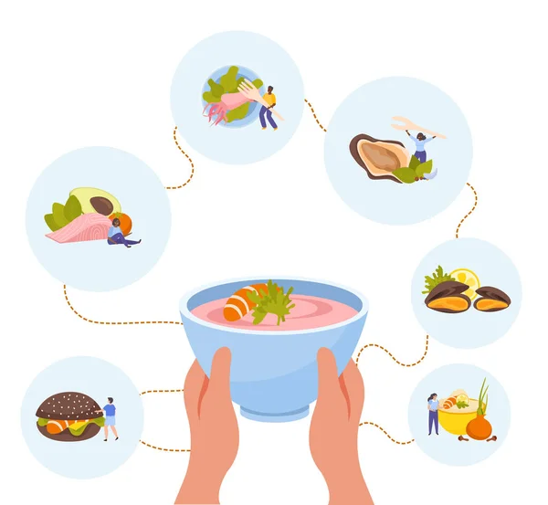 Seafood Flat Composition Human Hands Holding Soup Bowl Vector Illustration — Stock Vector