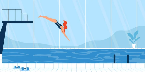 Water sport composition with indoor view of pool with female swimmer jumping off tower into water vector illustration