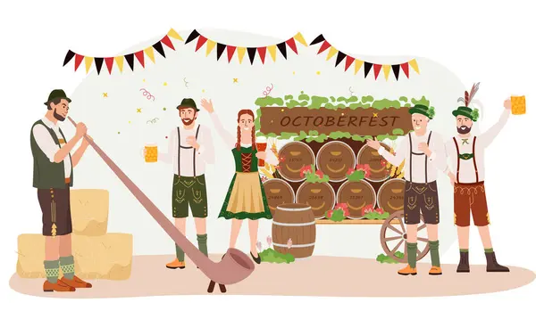 Oktoberfest Party Plochá Kompozice Lidmi Krojích Blízkosti Vozíku Barely Pivních — Stockový vektor