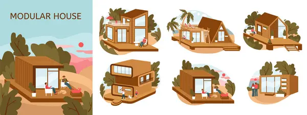 Komposisi Rumah Modular Rata Diatur Dengan Rumah Rumah Dengan Gaya - Stok Vektor