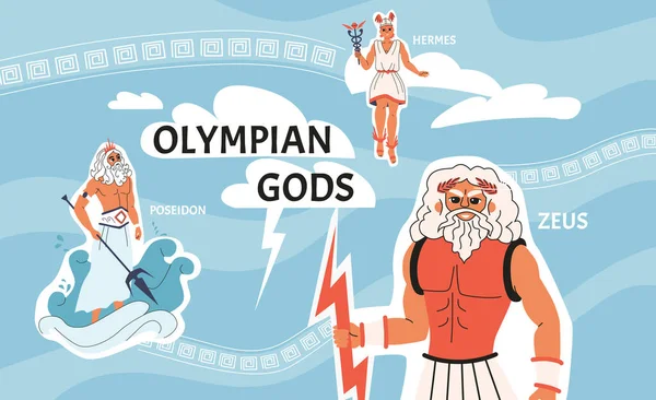 Olimpiai Istenek Összetétele Kollázs Lapos Ikonok Szöveg Karakterek Zeus Poseidon — Stock Vector