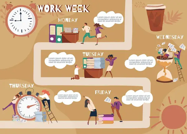 Work Week Infographic Template Flat Style Men Women Various Activities — Stock Vector