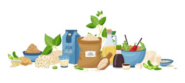 Doğal soya ürünleri. Sos şişeleri ve yağ filizi ile düz bileşim. Bir kase miso macunu karton süt tempeh tofu vektör çizimi.