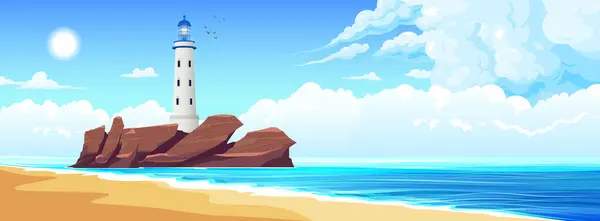 Deniz Feneri Kompozisyonu Deniz Manzaralı Uçurum Adalı Işık Kulesinin Üst — Stok Vektör