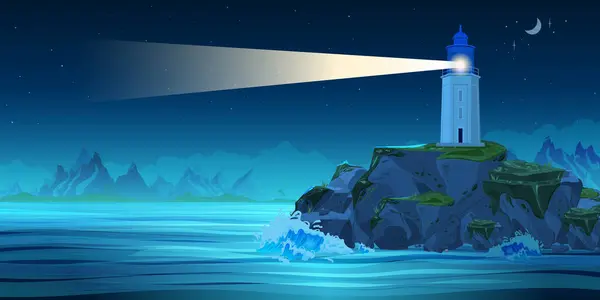 Nocna Kompozycja Latarni Morskiej Zewnętrzną Nocną Scenerią Morza Górami Wieżą — Wektor stockowy