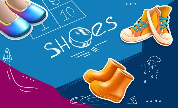 Shoes Composition Collage Chalkboard Text Doodle Images Pairs Shiny Boots — Stock Vector