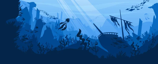 フラットベクトルのイラストから落ちる日光浴で海底の船のシルエットを持つ水中世界のPcゲームの背景 — ストックベクタ