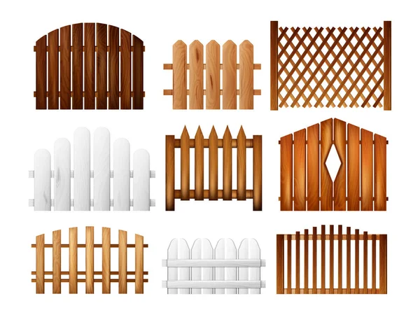 Sections Clôture Bois Ensemble Réaliste Différentes Formes Couleurs Types Illustration — Image vectorielle