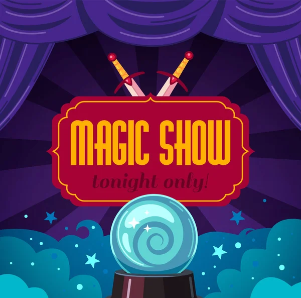 Magic Show Cartoon Poster Wtih Magician Glowing Sphere Vector Illustration — Stock Vector