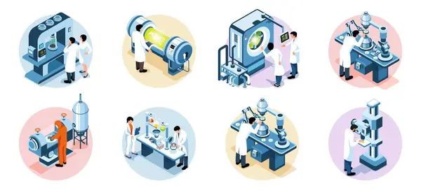Isometryczny Zestaw Biotechnologiczny Naukowcami Prowadzącymi Badania Ilustracji Wektora Laboratoryjnego — Wektor stockowy