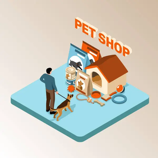 Isométrico Pet Shop Cena Com Cão Proprietário Vetor Ilustração — Vetor de Stock