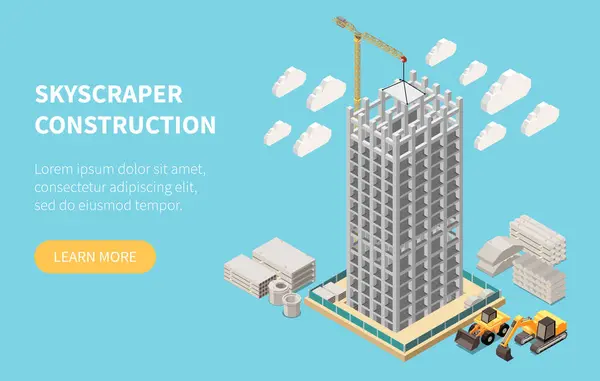 Banner Costruzione Grattacielo Isometrico Con Materiali Incompiuti Escavatore Gru Sfondo — Vettoriale Stock