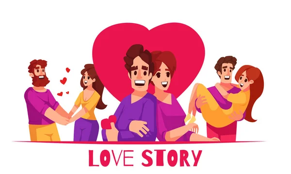 Love Story Flat Design Concept Three Happy Cartoon Couples Big — Stock Vector