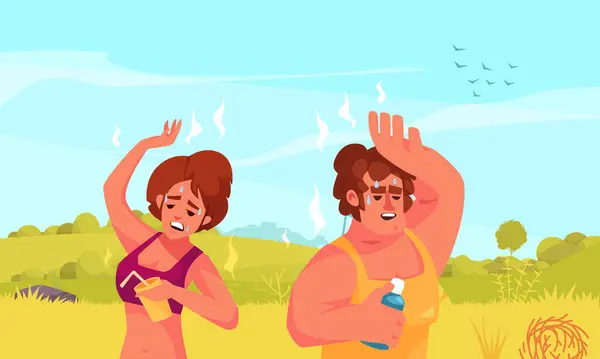 Vacaciones Verano Fondo Dibujos Animados Con Dos Mujeres Trajes Baño — Archivo Imágenes Vectoriales