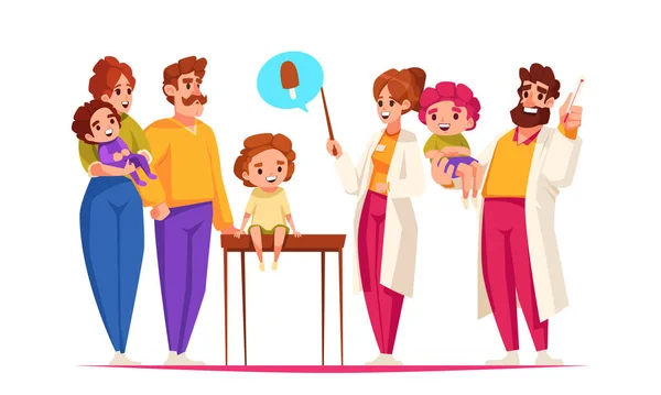 Pediatra Composição Dos Desenhos Animados Com Pais Crianças Médicos Esfoliação — Vetor de Stock
