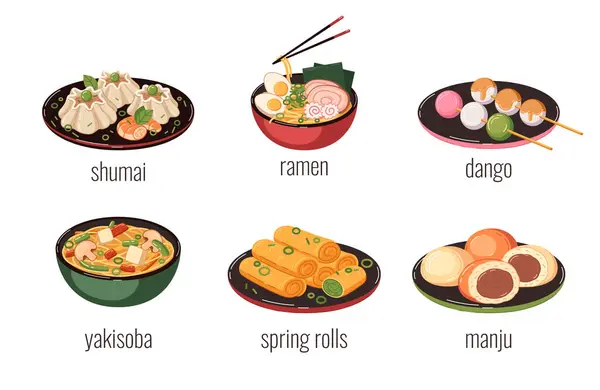 Asiatische Lebensmittel Cartoon Symbole Mit Frühlingsrollen Und Ramen Suppe Isolierte — Stockvektor