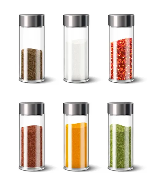 厨房香料现实图标设置与不同的调料分配器隔离病媒说明 — 图库矢量图片