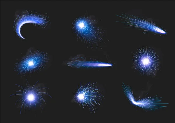 Blaues Metall Schweißfunken Realistische Symbole Mit Eisen Schneiden Feuerwerk Isolieren — Stockvektor