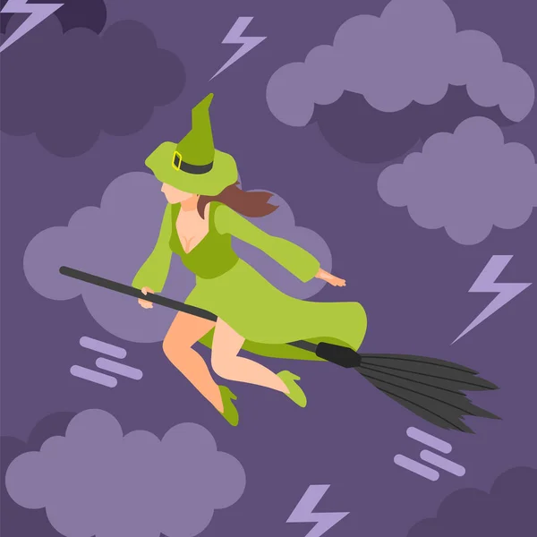 童话生物与穿著绿色衣服的年轻女巫的等距背景在夜空中的扫帚上飞舞 — 图库矢量图片