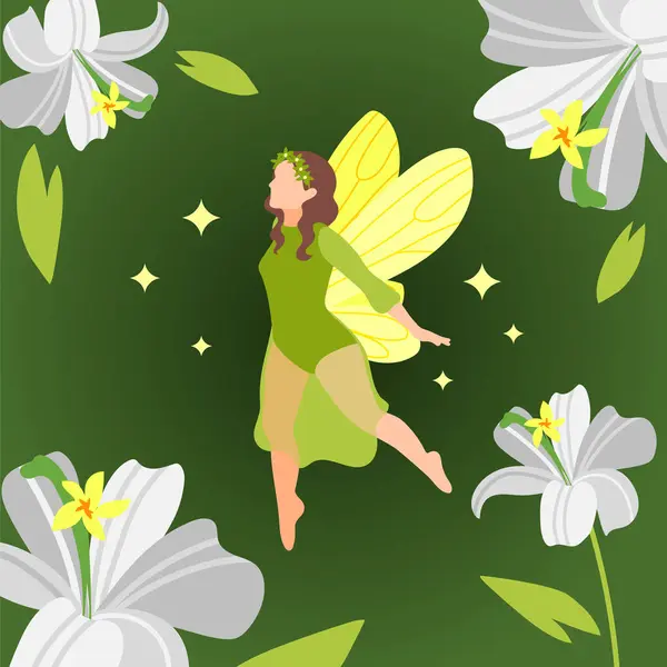 Beautiful Fairy Butterfly Wings Flying Flowers Isometric Background Vector Illustration — Stock Vector