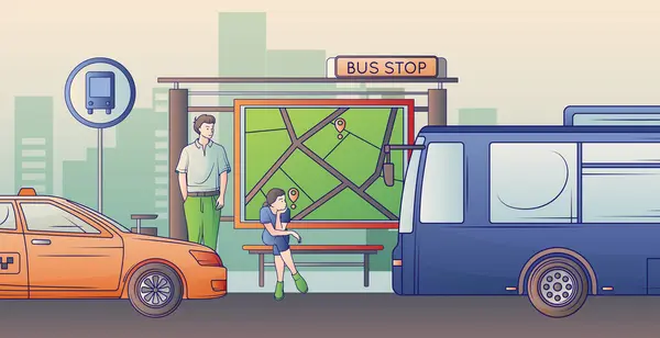 バス停ベクターイラストで家族と一緒に平らな公共交通シーン — ストックベクタ
