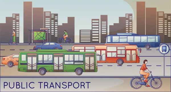 Scène Plate Avec Différents Types Transports Commun Dans Ville Illustration — Image vectorielle