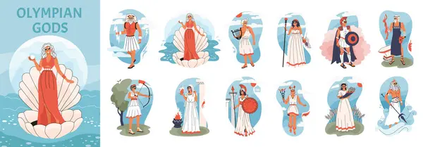 Olympische Goden Platte Compositie Met Doodle Menselijke Karakter Van Venus — Stockvector