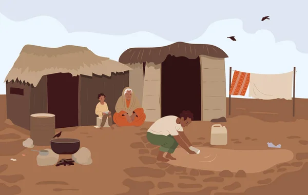 Honger Voedselcrisis Achtergrond Met Armoede Symbolen Platte Vector Illustratie — Stockvector
