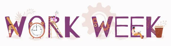 Werk Week Tekst Banner Met Drukke Mensen Wekker Kopje Koffie — Stockvector