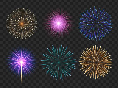 Shiny colorful set of realistic fireworks clipart