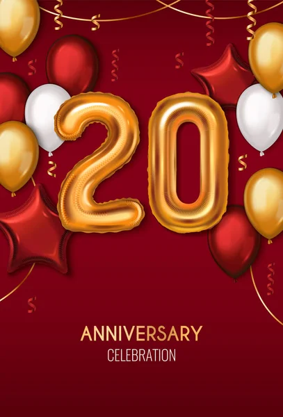 Banner Vertical Celebração Realista Para Vigésimo Aniversário Com Balões Ouro — Vetor de Stock
