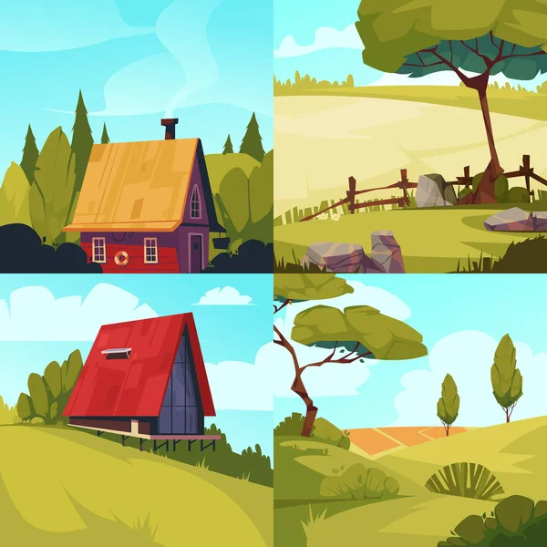 Set Von Cartoon Niedliche Landschaft Mit Vegetation Und Kleinen Häusern — Stockvektor