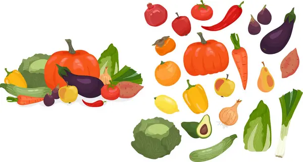 Hand drawn fruits and vegetables icon illustration set