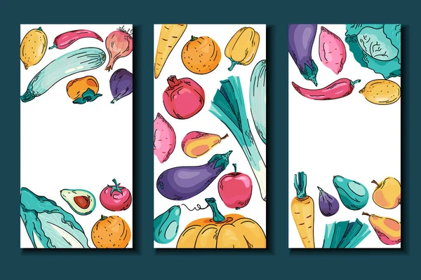 Hand drawn fruits and vegetables cards collection